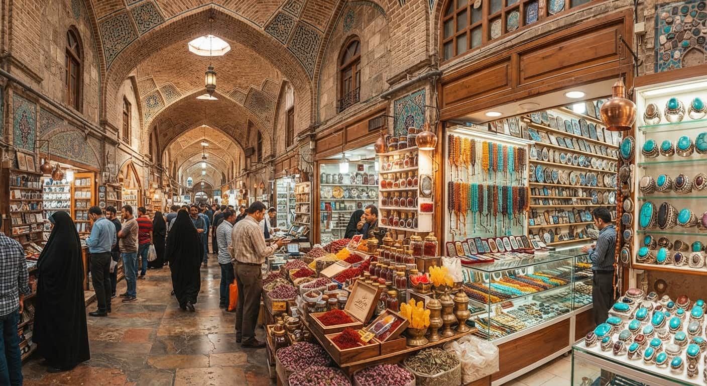 بازار قدیمی رضا با طاق های ضربی و مغازه های پر از تسبیح، مهر، انگشترهای فیروزه و زعفران