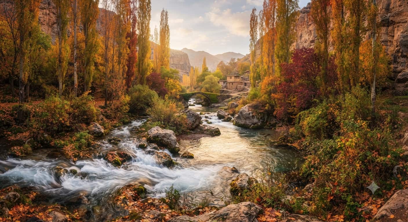عکسی سرسبز و رویایی از دره طرقبه با رودخانه ای خروشان و درختان تبریزی بلند در فصل پاییز