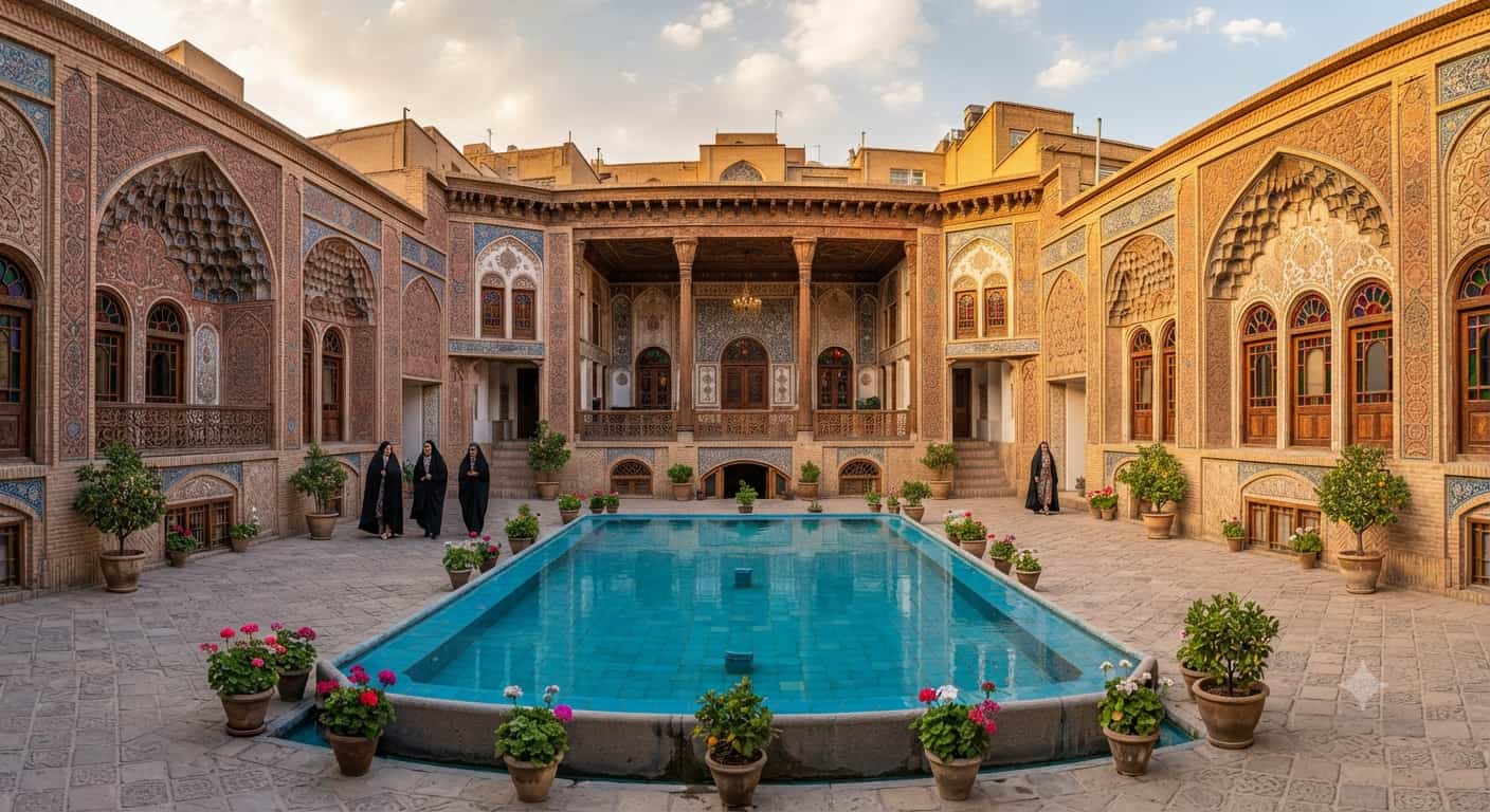 نمای بیرونی و معماری سنتی و زیبای خانه داروغه مشهد با آجرهای تزیینی و حوض آب فیروزه ای در وسط حیاط