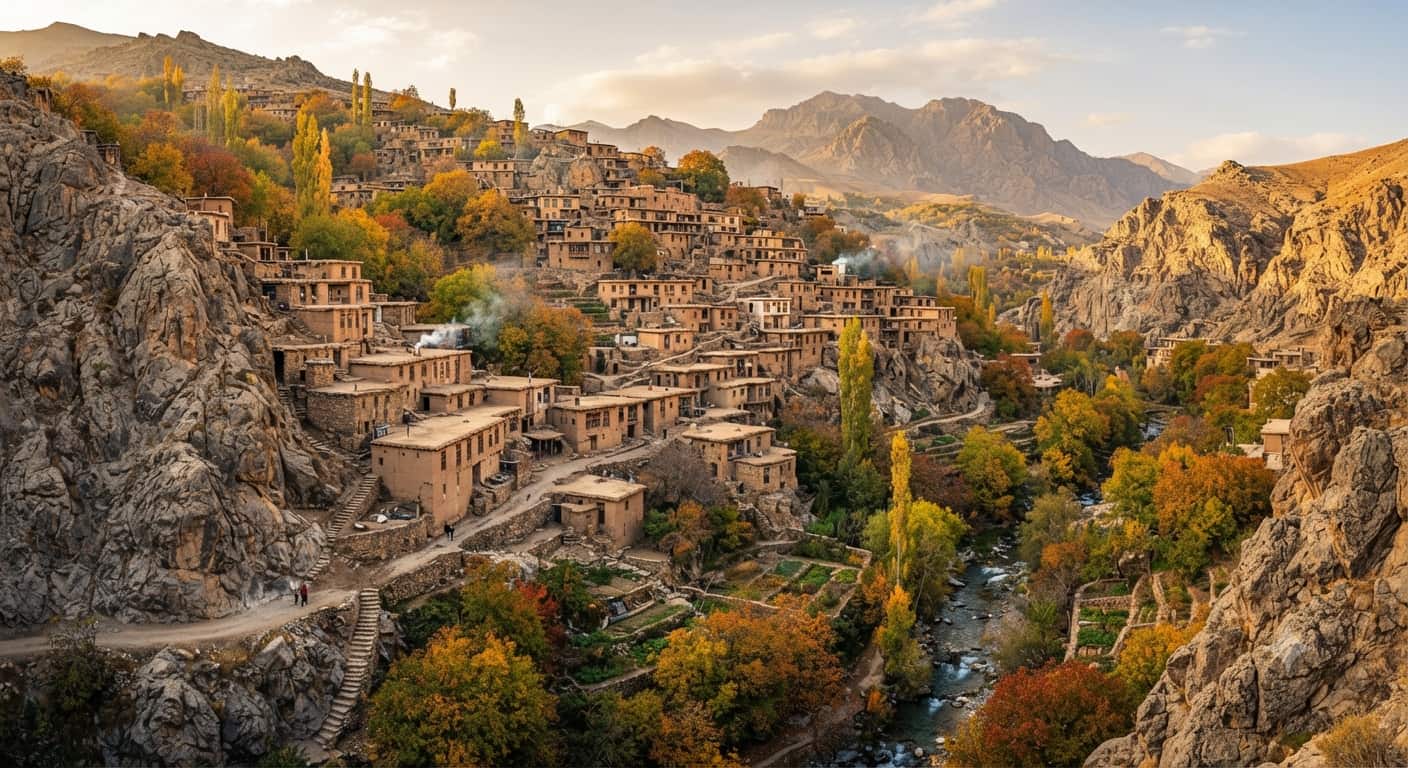 چشم انداز خیره کننده و صخره ای روستای پلکانی کنگ در نزدیکی مشهد هنگام پاییز